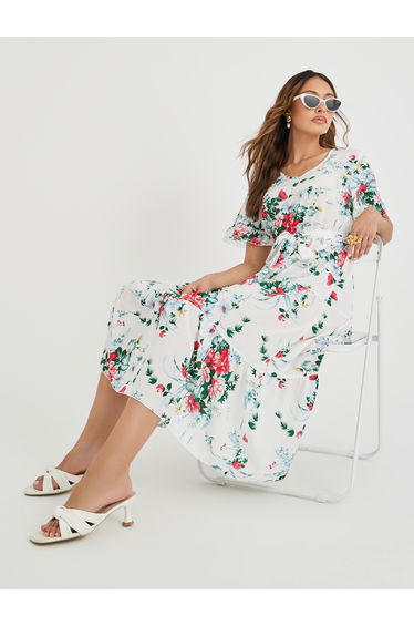 Women White Floral Print Ruffle Trim A-Line Midi Dress with Tie Waist