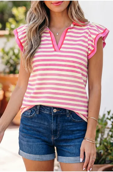 Lvness Rose Stripe Contrast Trim Polo Collar Ruffled Short Sleeve Blouse