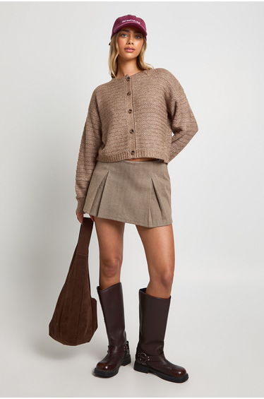 Textured Knit Crew Neck Boxy Knitted Cardigan