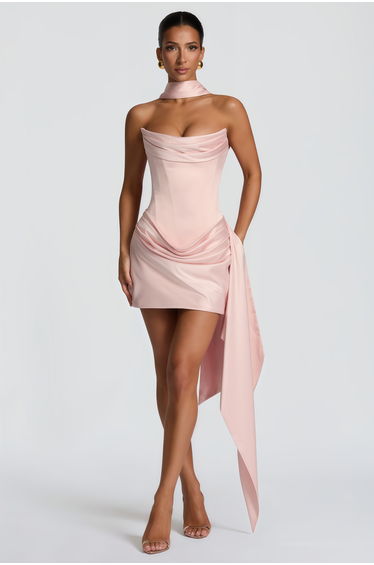 Zenina Pink Ruched Ribbon Detail Mini Dress