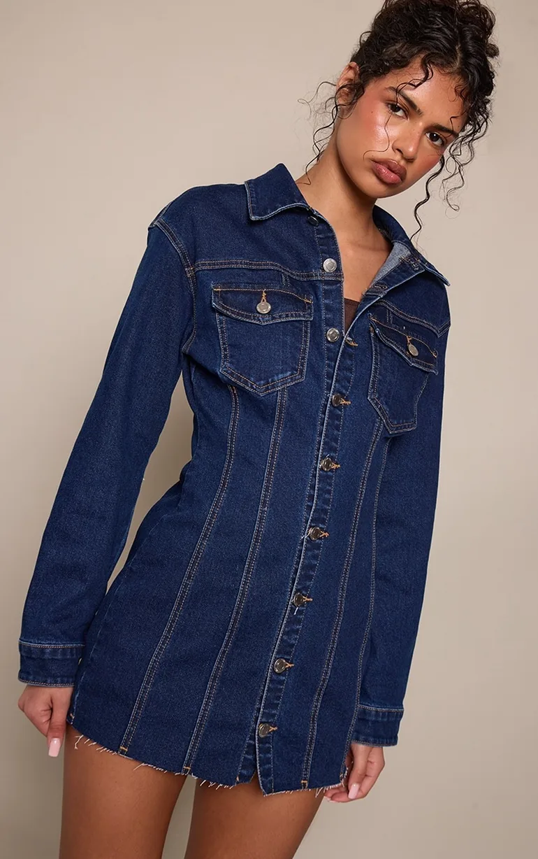 Indigo Long Sleeve Raw Hem Denim Shirt Dress