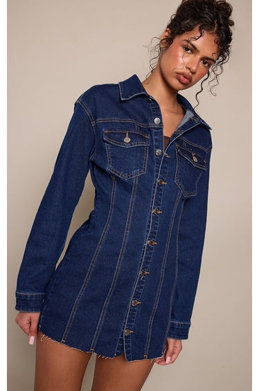 Indigo Long Sleeve Raw Hem Denim Shirt Dress