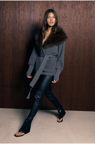 Fur Trim Collared Chunky Knitted Cardigan - charcoal
