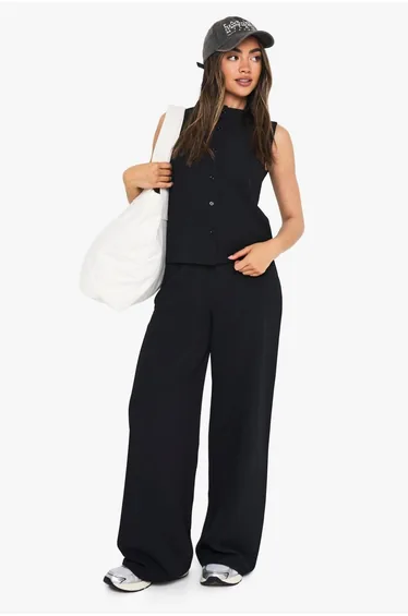 Crinkle Rib Button Through Sleeveless Top and Trouser Set
