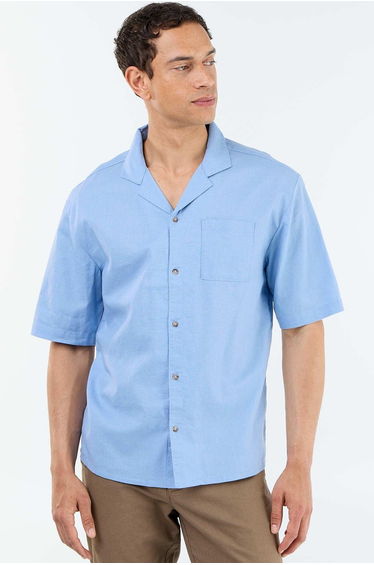 Short-sleeved linen blend shirt with chest pocket BLUE