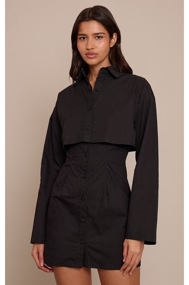 Tall Black Overlay Detail Long Sleeve Shift Dress