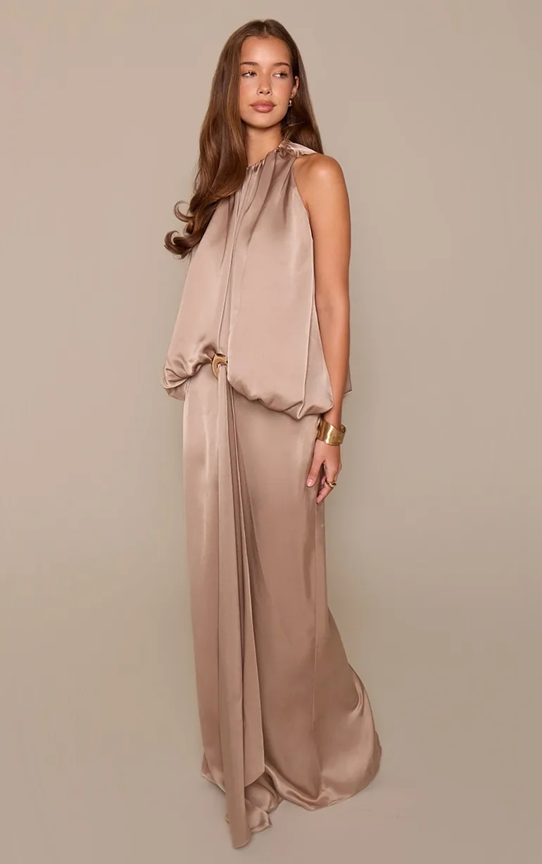 brown satin ruched dress Women's Satin Ruched Off-Shoulder Maxi Dress Amari The Label