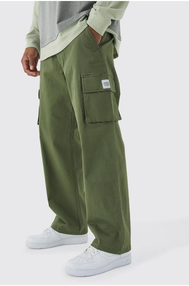 Relaxed Fit Fixed Waist Woven Tab Cargo Trousers - khaki