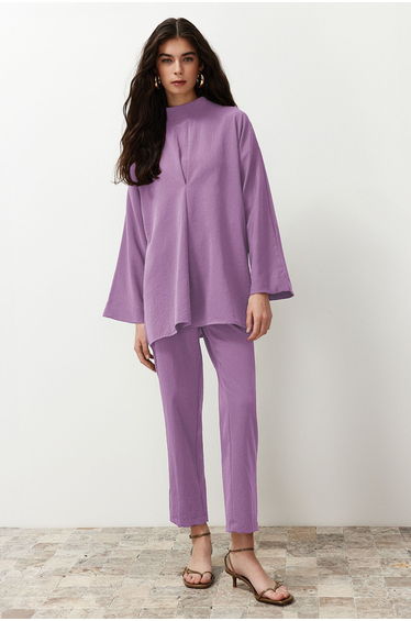 Lilac Collar Detail Woven Bottom Top Set