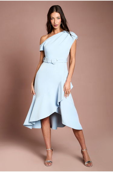 Petite Drape Shoulder Frill Detail Crepe Midi Dress