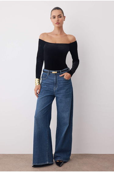 Black Plain Carmen Collar Long Knitted Velvet Bodysuit