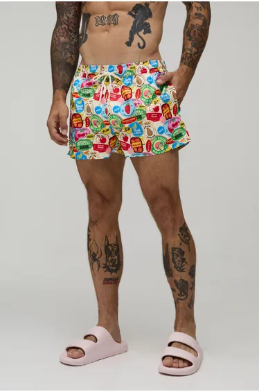 Sticker Printed Super Short Length Swim Short - multi
