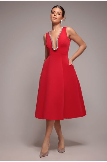 Goddiva Diamante Embellished Neck A-Line Midi Dress