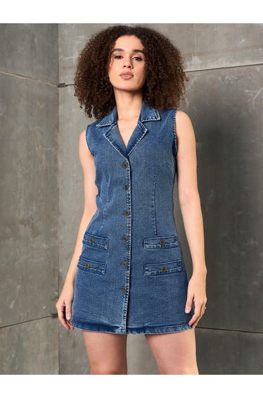 Women Blue Washed Denim Notch Collar Sheath Mini Dress
