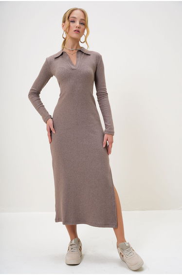 Women's Mink Polo Collar Half Placket Side Slit Interlock Fabric Dress