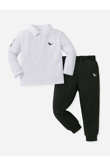 Boys White Graphic Polo and Black Jogger Set