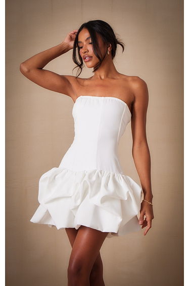 Premium White Woven Corset Puffball Hem Mini Dress