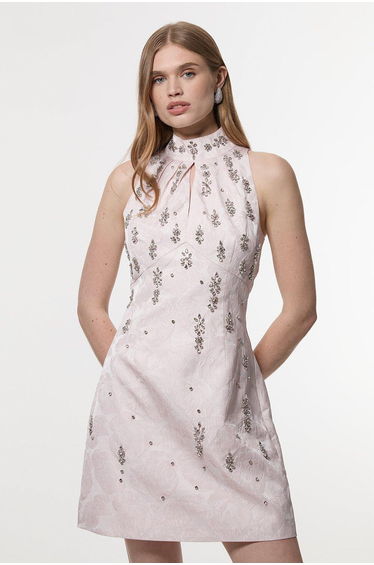 Texture Jacquard Crystal Embellished High Neck Woven Mini Dress