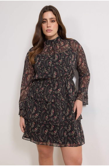 Black Crisp Flower Pattern Mini Chiffon Lined Woven Plus Size Dress