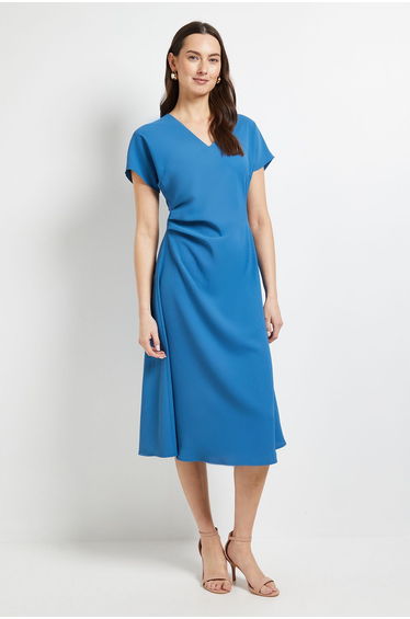 Pleated Waist V Neck Midi Dress