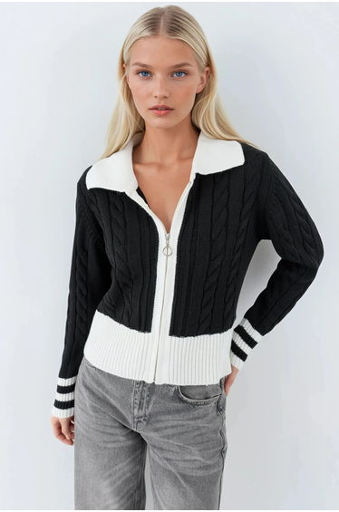 MY FASHION Polo Neck Zippered Cardigan