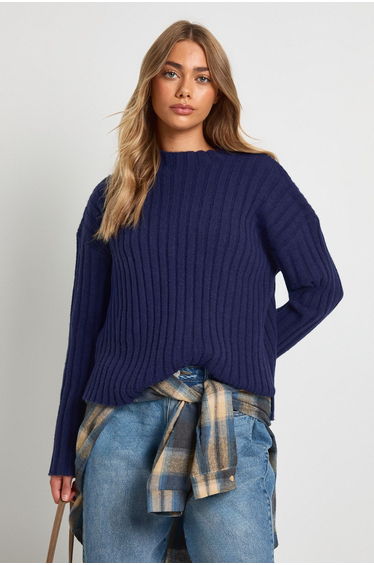 Rib Knit High Neck Longline Jumper - navy