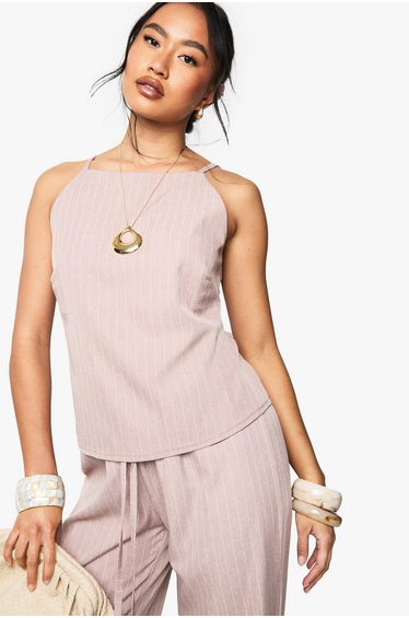 Woven Pinstripe High Neck Cami