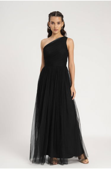 One Shoulder Floor Length Dress in Black