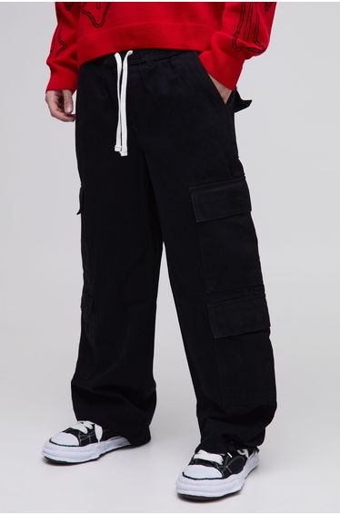 Elasticated Baggy Fit Multi Cargo Trousers - black