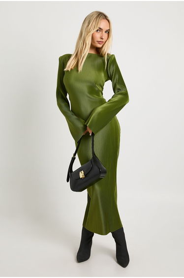 Plisse Flare Sleeve Midaxi Dress - olive