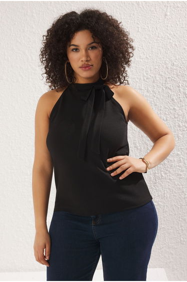 Black Halter Neck Knitted with Tie Detail Plus Size Blouse
