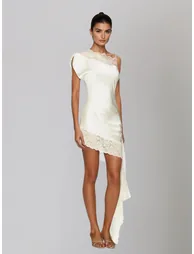 Olvex One Shoulder Lace Draped Mini Dress In White - 1