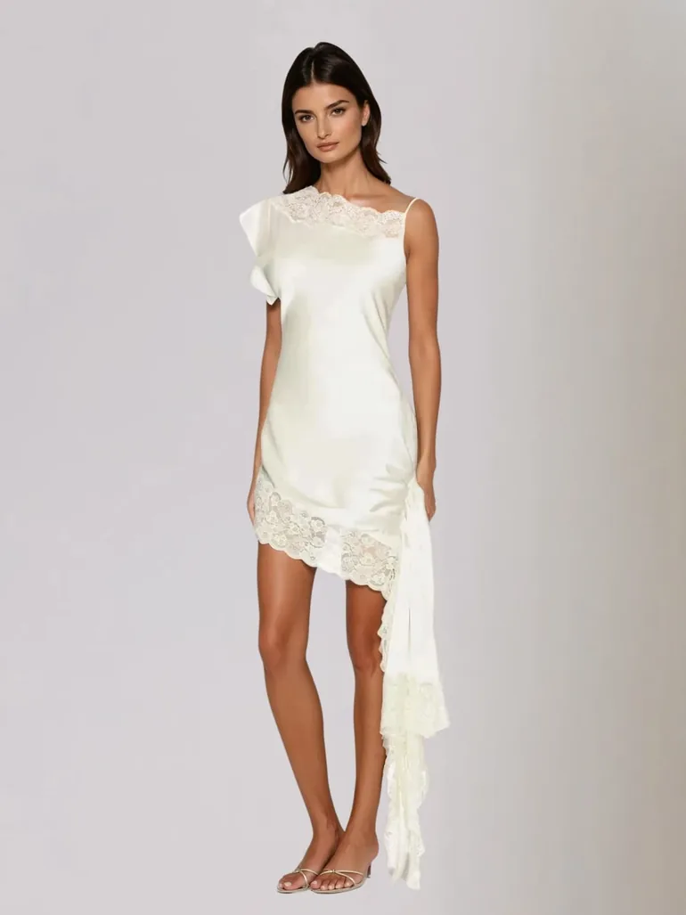 Olvex One Shoulder Lace Draped Mini Dress In White - 2