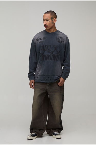 Washed Tribal Print Extreme Baggy Jeans - stone