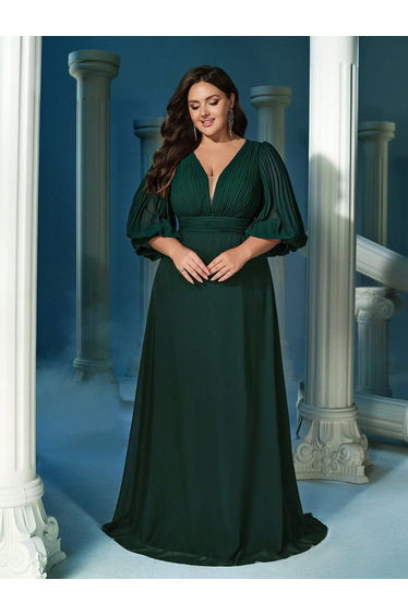 QOQ Plus Size Green Pleated A-Line Maxi Dress