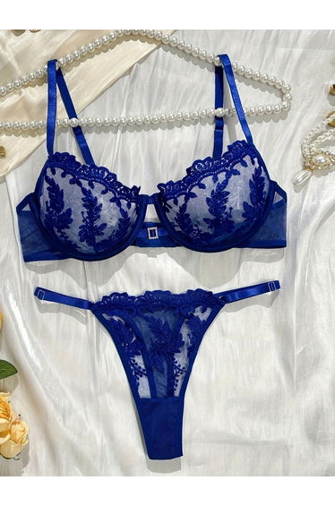 Floral Embroidered Mesh Non Padded Wired Bra and Thong Lingerie Set