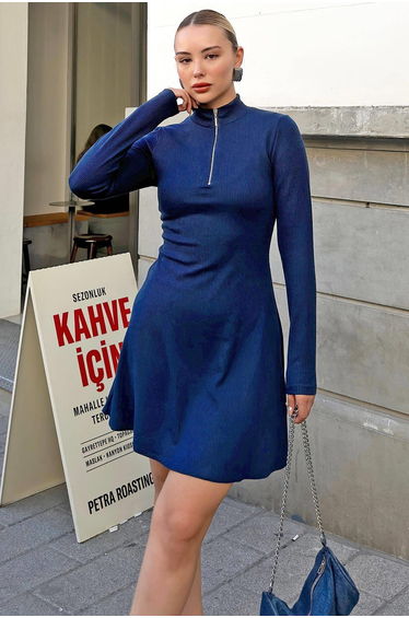 Navy Blue Half Zipper Flared Skirt Women's Mini Dress