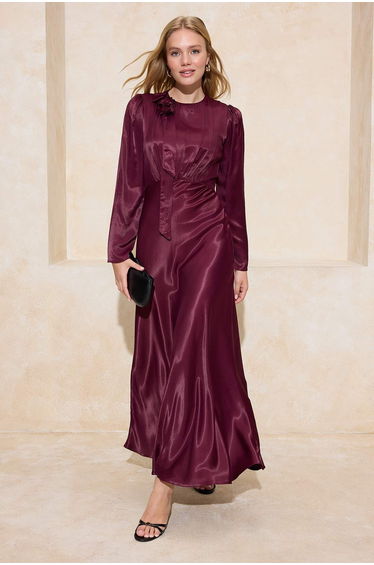 Plum Rose Detailed Special Occasion Woven Satin Evening Dress
