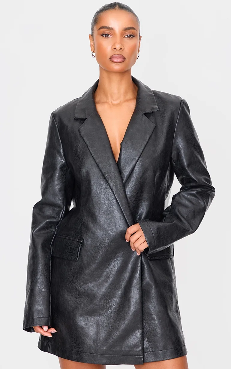 Shop Black Structured Faux Leather Blazer Dress Prettylittlething Online in  Bahrain