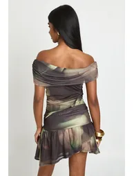 Blurred Floral Print Mesh Bardot Ruched Body Skater Dress - chocolate - 2