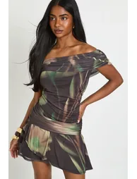 Blurred Floral Print Mesh Bardot Ruched Body Skater Dress - chocolate - 1