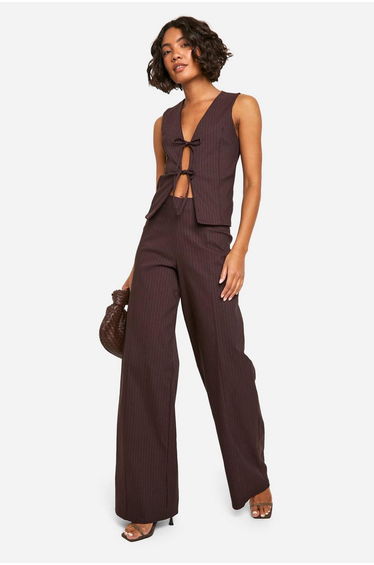 Tall Tie Front Pinstripe waistcoat - chocolate