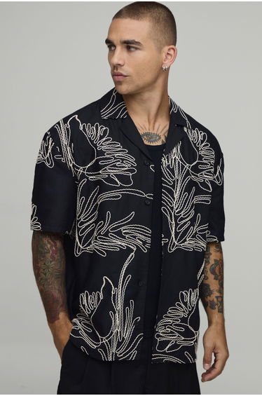 Palm Embroidered Oversized Shirt - black