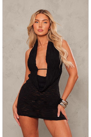 Black Textured Halter Neck Cowl Neck Mini Dress