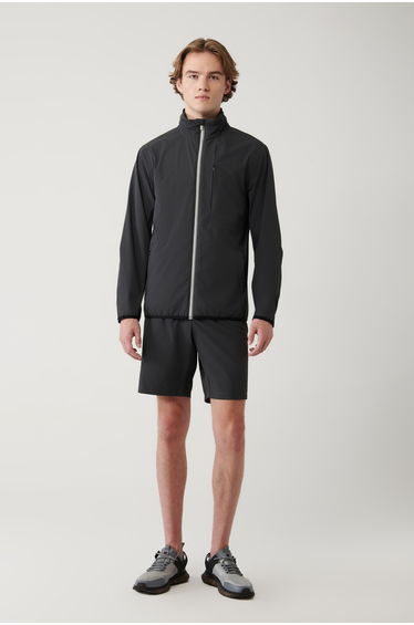 Men's anthracite stand collar hooded zip-up lined water repellent bi-stretch comfort fit jacket