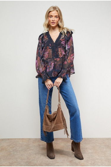 Printed Frill Detail Sheer Chiffon Blouse
