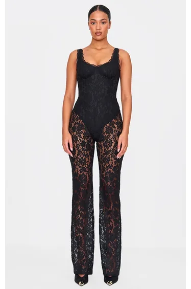 Tall Black Lace Boning Detail Strappy Flared Jumpsuit
