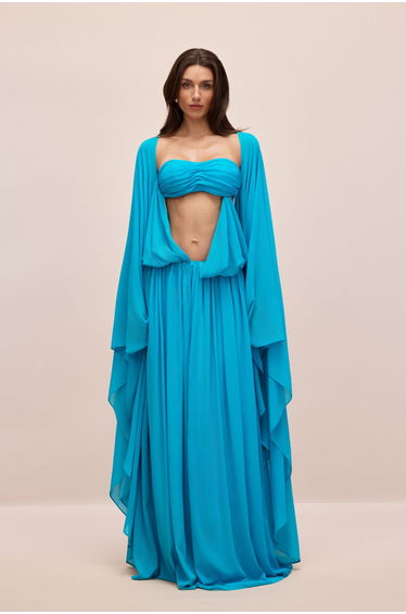 Eugenia Asymmetric Draped Cape Sleeve Maxi Dress