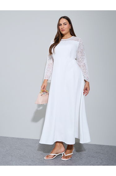 Plus Size White Lace Sleeves A-Line Maxi Dress