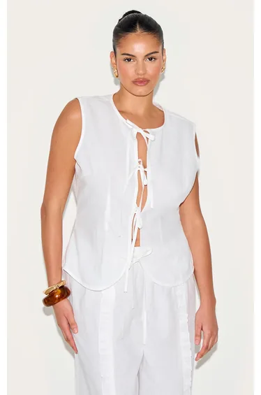 Plus White Linen Tie Front Waistcoat